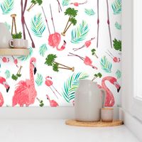 Flamingos in Paradise on White, Medium Scale Design