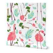 Flamingos in Paradise on White, Medium Scale Design