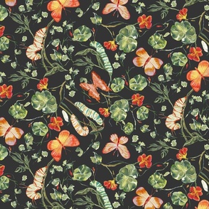 Spring caterpillar and nasturtium botanical motif, spring dark green and red painted wallpaper