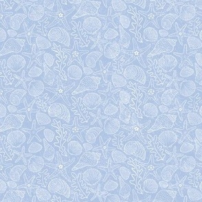 Small | Sea Shells and Starfish in White on Blue
