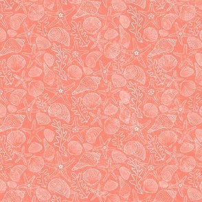 Small | Sea Shells and Starfish in White on Coral Pink 