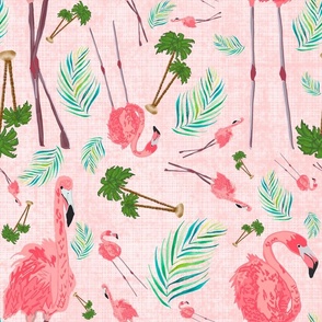 Flamingos in Paradise on Pink Linen Textured Background, Medium Scale Design