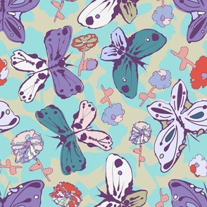 colorful butterflies and flowers on aqua and light green  background