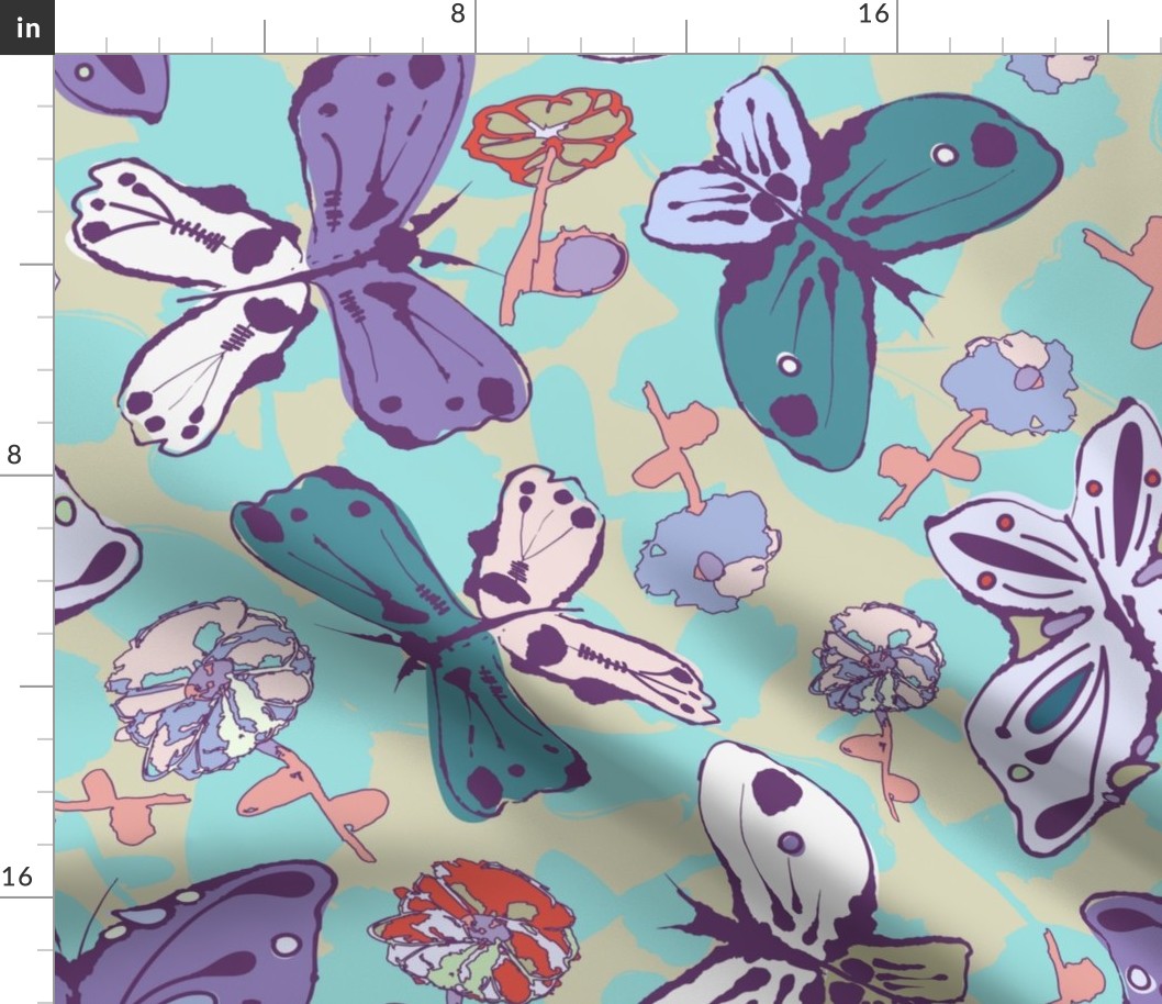 colorful butterflies and flowers on aqua and light green  background