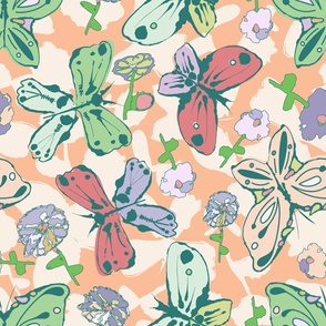 colorful butterflies and flowers on peach background