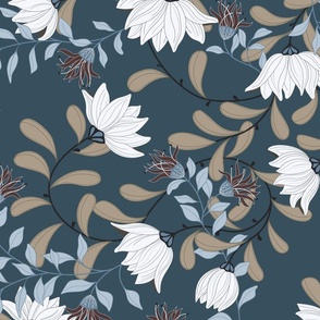 Magnolia Lotus Red Flowers Navy Large