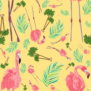 Flamingos in Paradise on  Sunny Yellow, Medium Scale Design