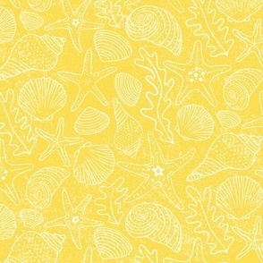 Medium | Sea Shells and Starfish in White on Yellow