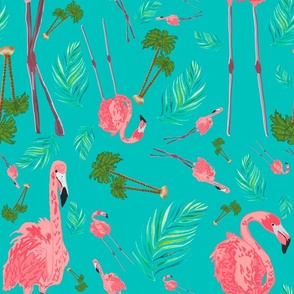 Flamingos in Paradise on  Tropical Teal, Medium Scale Design