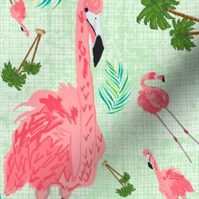 Flamingos in Paradise on Light Green, Medium Scale Design