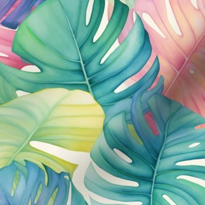 Lush Vibrant Monstera Leaves Colorful Tropical Pastel Hues