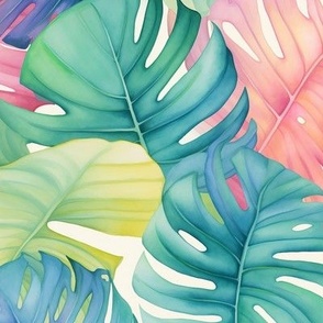 Lush Vibrant Monstera Leaves Colorful Tropical Pastel Hues