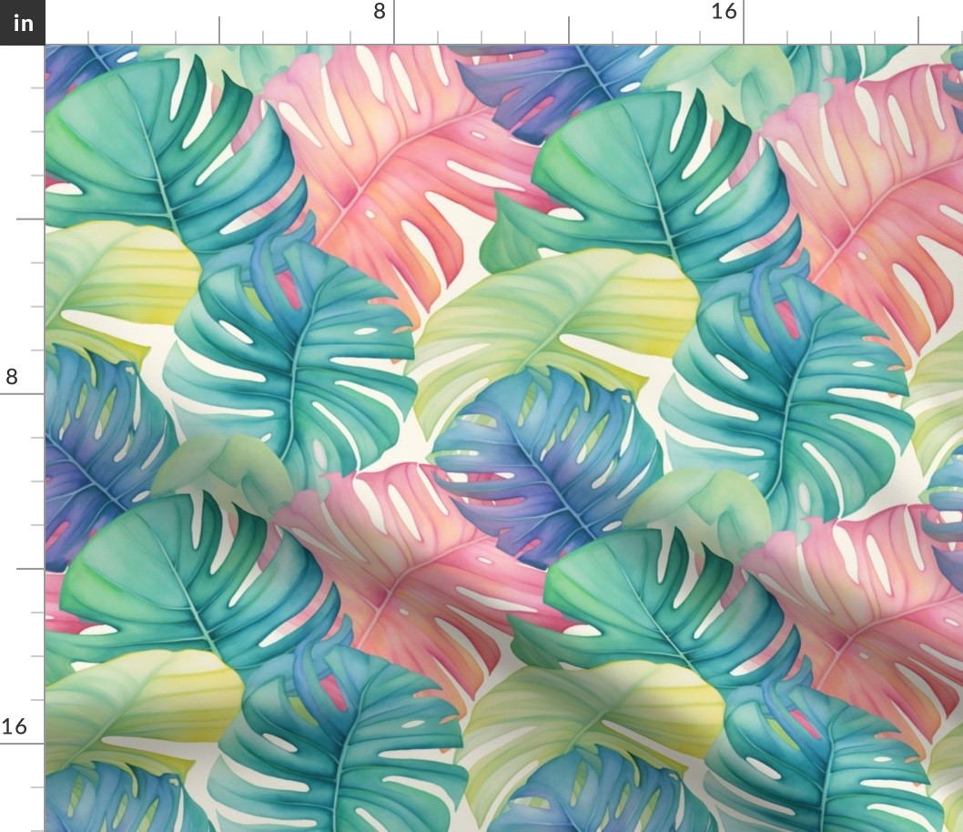 Lush Vibrant Monstera Leaves Colorful Tropical Pastel Hues