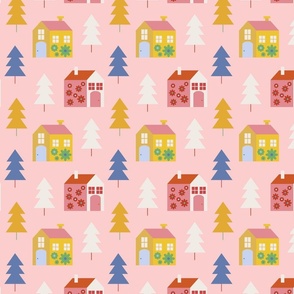Colorful Cabin Homes Between Pine Trees over Pink Background