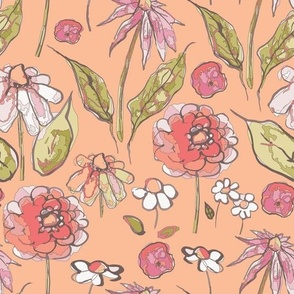 pink flowers with leaves on peach background