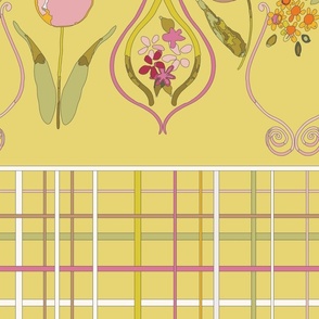 colorful floral and plaid stripe on yellow green background