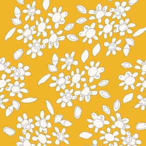 white floral on golden yellow background