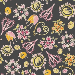 colorful floral on charcoal gray background