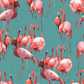 flamingoes on teal background