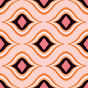 70s mod geometric tribal pattern - peach, orange and black