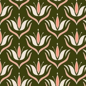 Wallpaper Tulip with Rosy Peach and Cream on Hunter Green