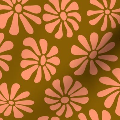 Retro Blooms in Coral on Brown Tone