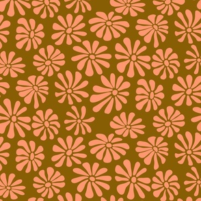 Retro Blooms in Coral on Brown Tone