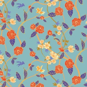 Oriental Vintage Chinoiserie Style Trailing Orange Floral on Smoky Green 24 in