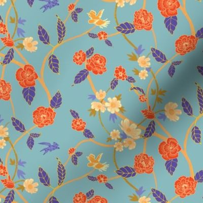Oriental Vintage Chinoiserie Style Trailing  Orange Floral on Smoky Green 11in