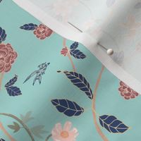 Chinoiserie Style Trailing Floral with Birds on Mountain Green 11 in