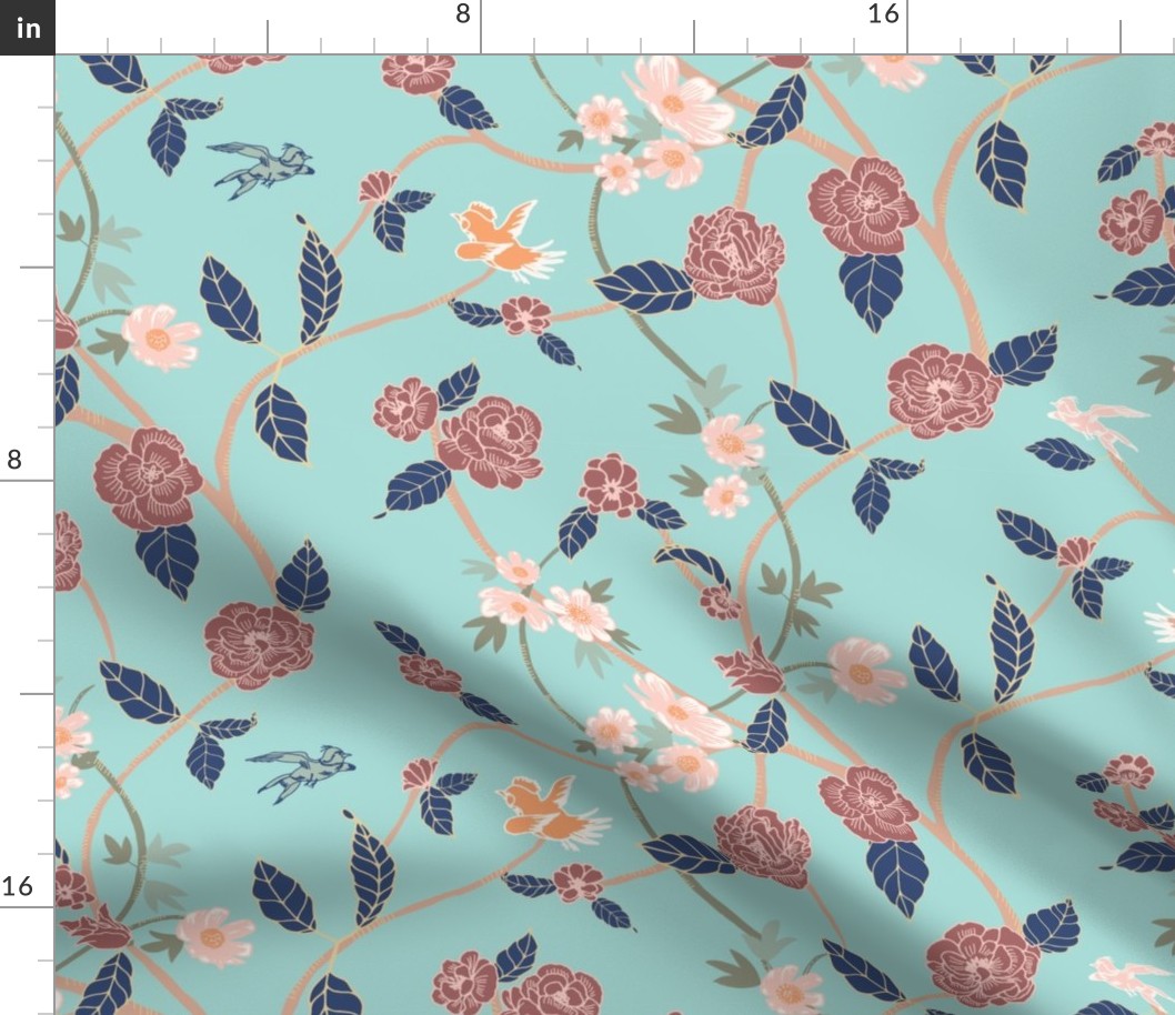 Chinoiserie Style Trailing Floral with Birds on Mountain Green 24in