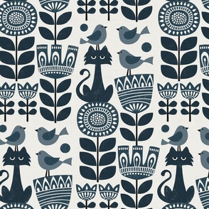 Scandinavian folk block prints - cat, birds and flowers - monochrome navy blue (large)