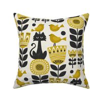 Scandinavian folk block prints - cat, birds and flowers - black and golden yellow (large)