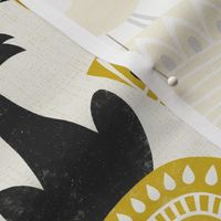 Scandinavian folk block prints - cat, birds and flowers - black and golden yellow (large)