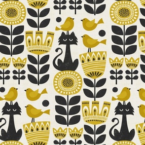 Scandinavian folk block prints - cat, birds and flowers - black and golden yellow (large)