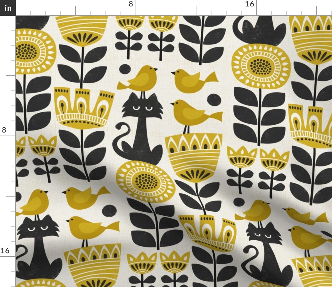 Scandinavian folk block prints - cat, birds and flowers - black and golden yellow (large)