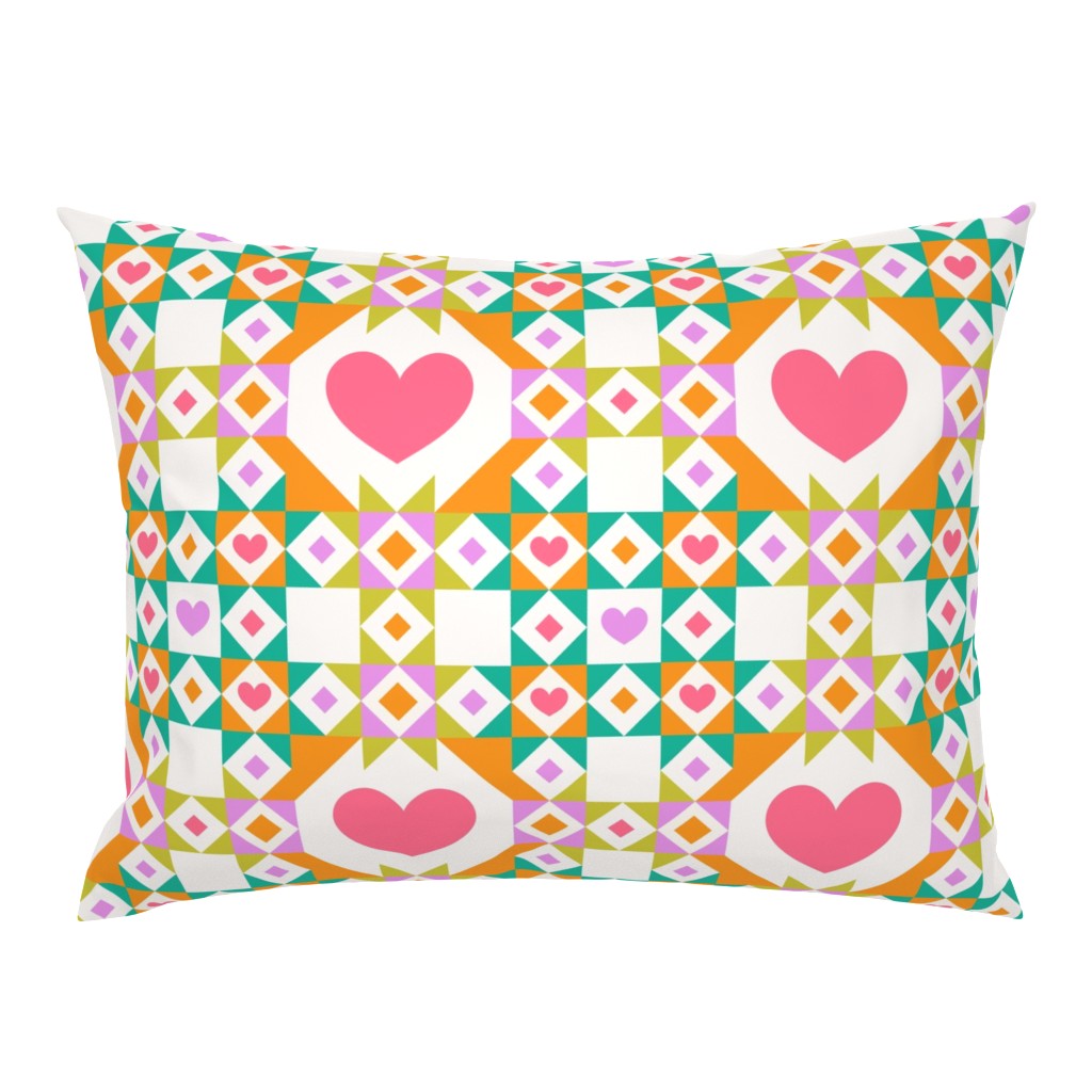 Geometric Hearts Quilt Graphic - Pink, Orange Teal