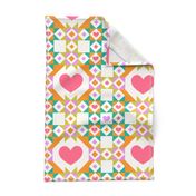 Geometric Hearts Quilt Graphic - Pink, Orange Teal