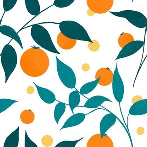 Oranges and teal leaves on white background - Mediterranean Patio