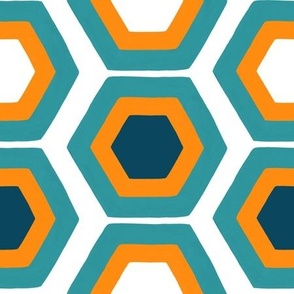 Orange, teal, and navy honeycomb design