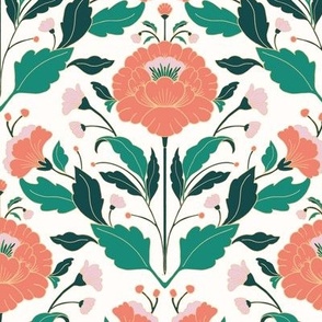 modern japanese inspired damask florals, green, orange, blush pink, gold, maximalist ,great on metallic wallpaper
