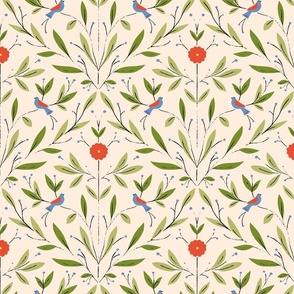 Modern Folk Art Florals And Birds, delicate clean airy modern retro,  symmetrical, blue red olive green on beige