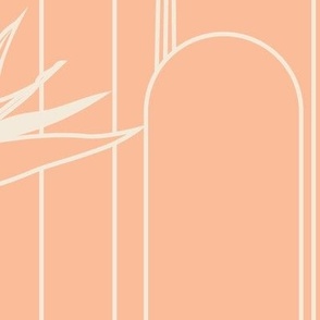 Large Tropical Miami Art Deco Pantone Pristine White Bird of Paradise and Arches with Peach Fuzz Background