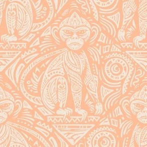 Jungle Rhythms in peach fuzz color. Monkey in tribal style. Monochromatic, Pantone 2024