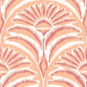 peach fuzz IKAT - orange  daisy symmetrical pattern, Pantone 2024