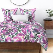 xl - Purple watercolor poppy flowers with leaves in teal and dark green - loose feminine silky florals