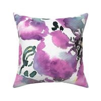 xl - Purple watercolor poppy flowers with leaves in teal and dark green - loose feminine silky florals