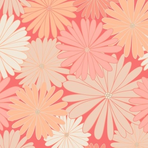 (L) Peach Fuzz Giant Daisies - Peach, Cream and Pink Retro Daisies on a Deep Pink Background