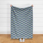 Retro Floral in Royal Blue, Green on Ivory White Geometric Small