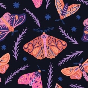 Colorful gothic moths - orange, pink and blue on black background